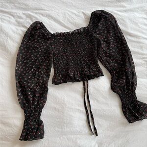 Smocked Off-Shoulder Puff Sleeve Top - Black Floral